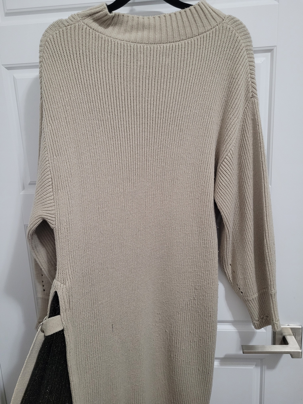 Beige Ribbed Long Sleeve Midi Dress with Black Side Panel - Picture 6 of 7